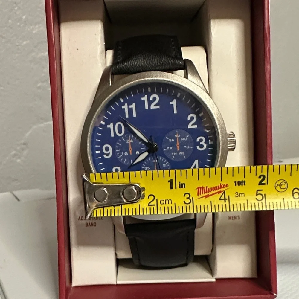 Men's Silver and Blue Watch with Black faux Leather Band